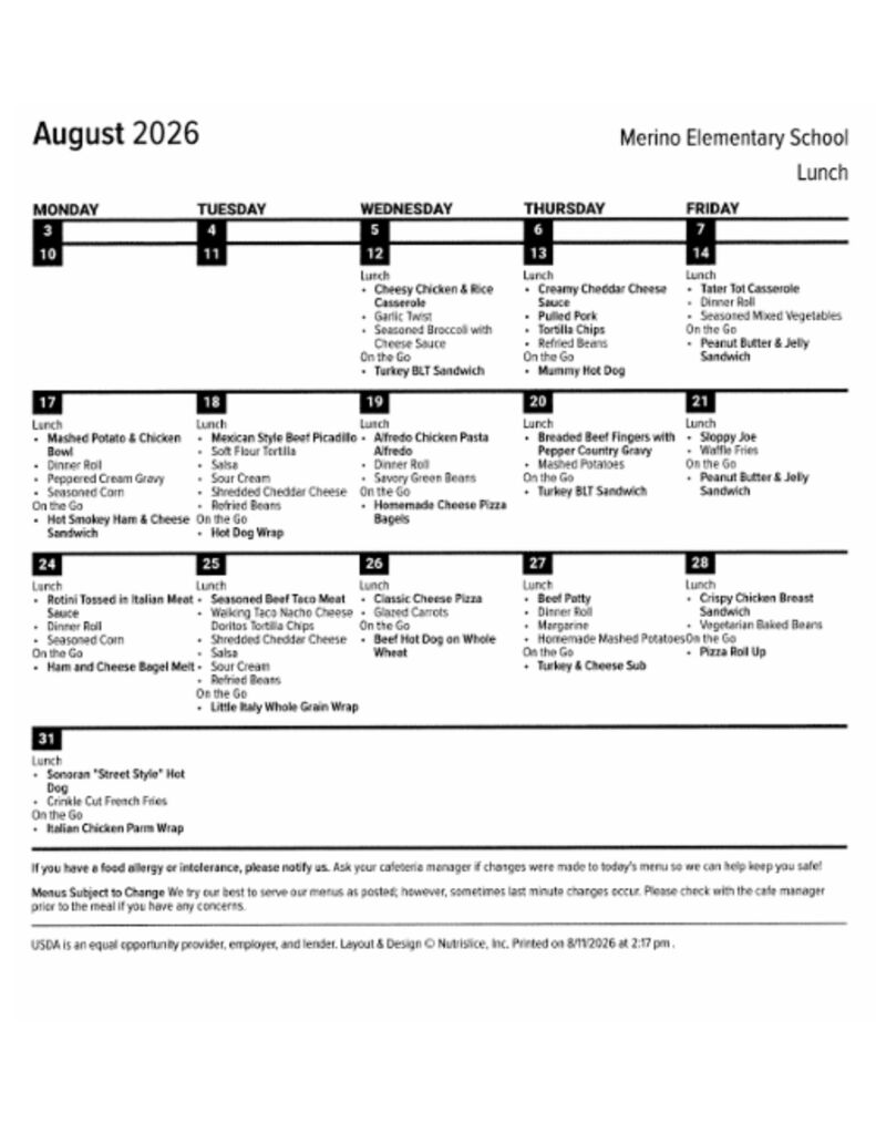 August Meal Calendar 2026