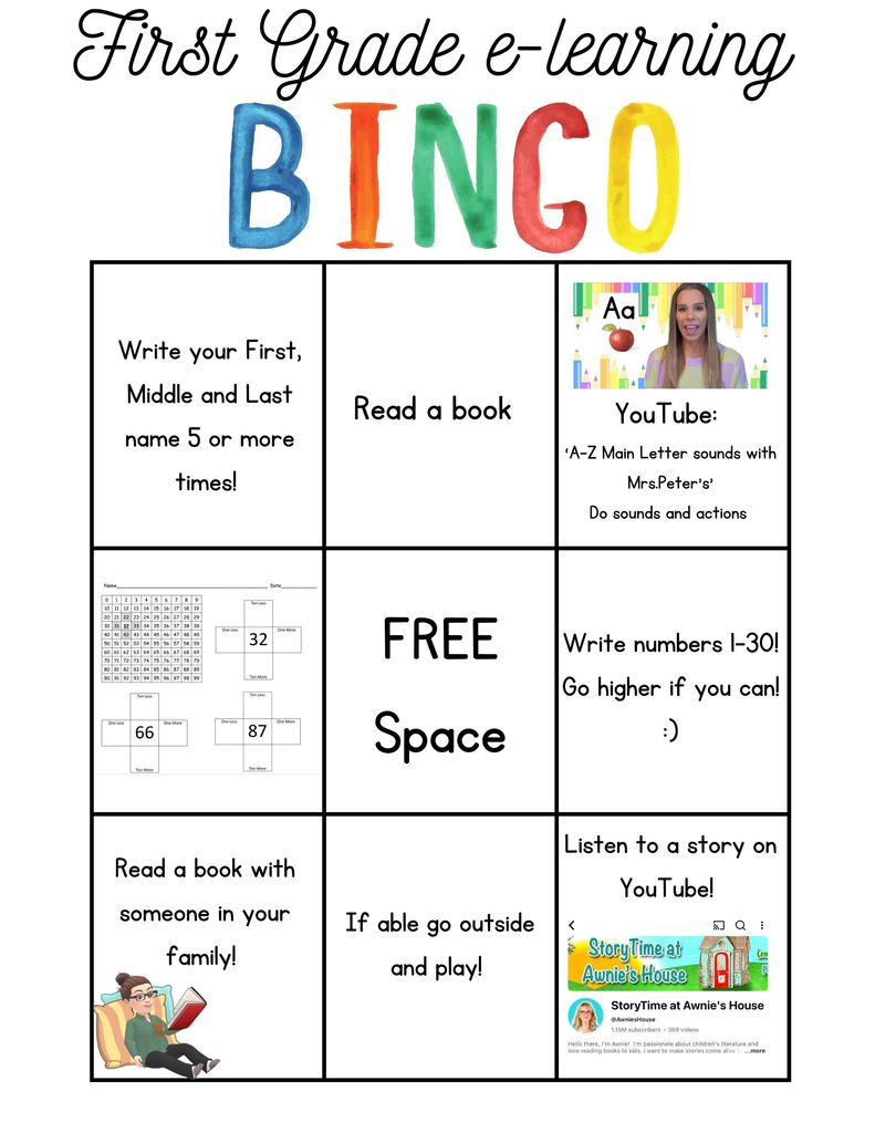 Bingo Card 1st Grade