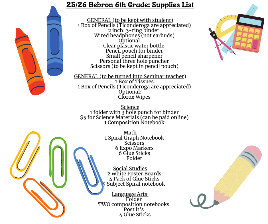 6th grade supply list