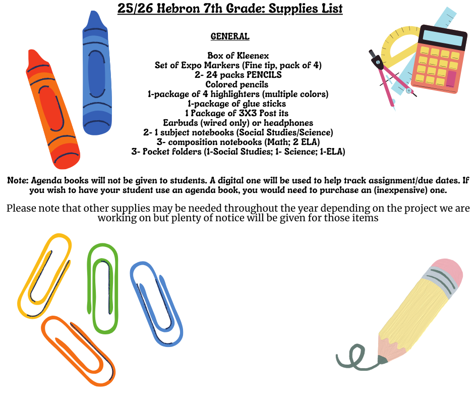 Seventh grade supply list