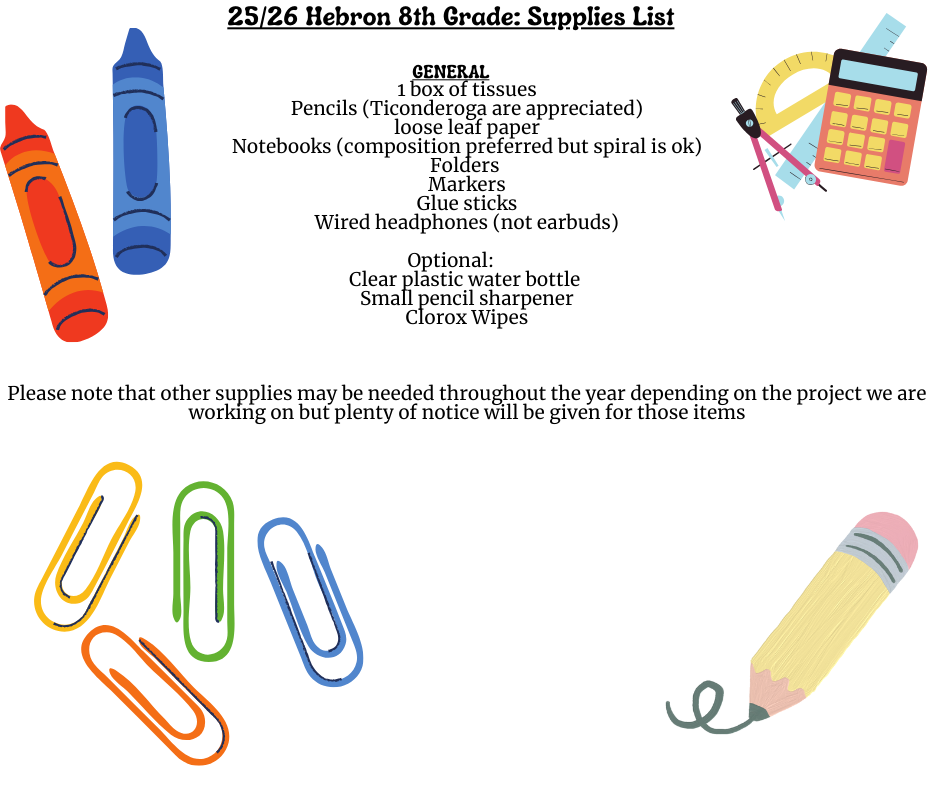Eighth Grade supply list
