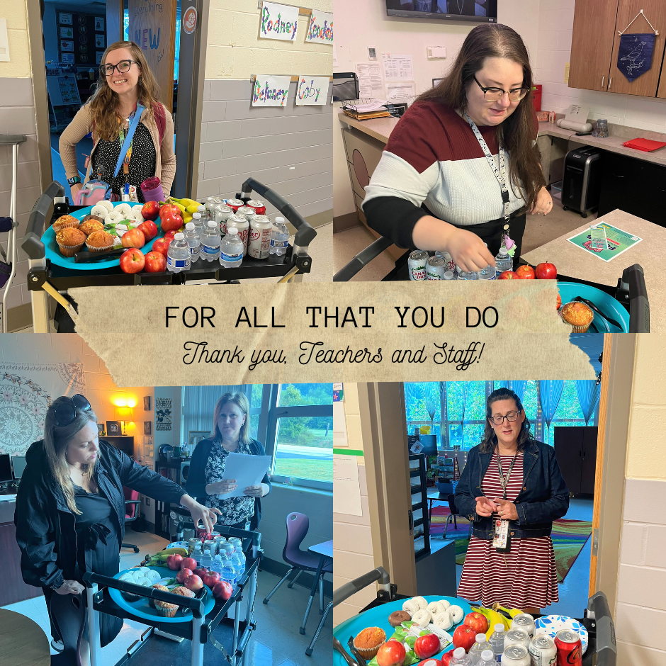 Breakfast cart for teachers and staff with four gridded pictures