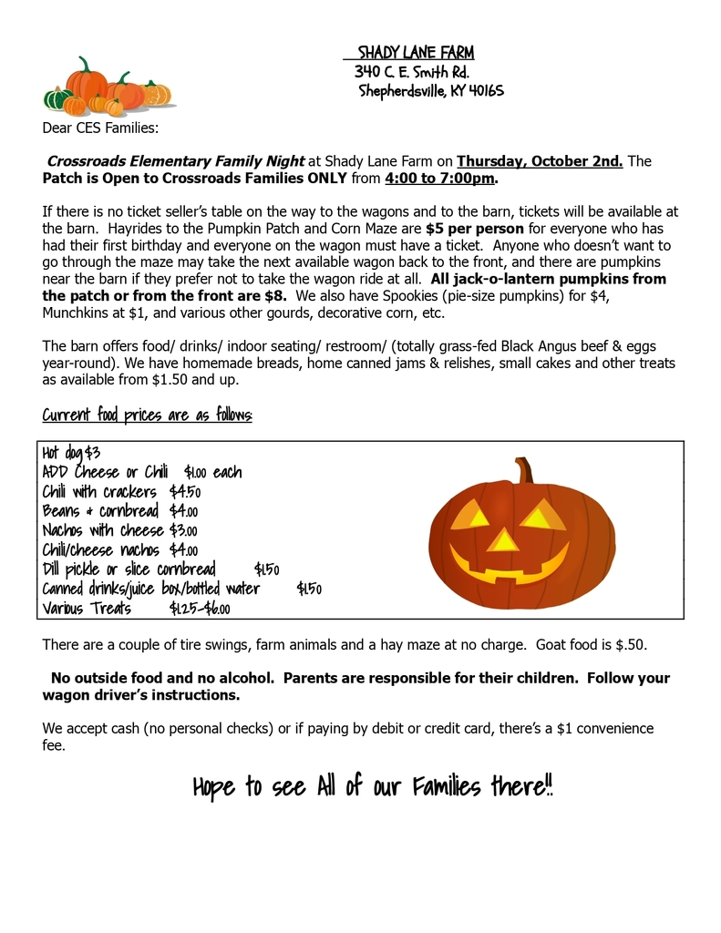 Shady Lane Farm CES Family Night (Thursday, October 3rd)