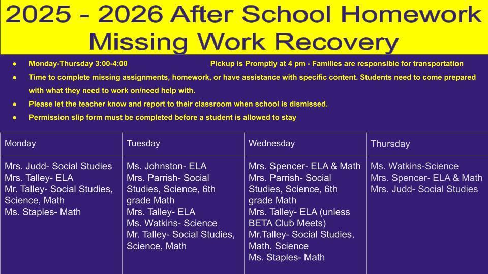 2025-2026 After School Homework/Missing Work/Help Sessions