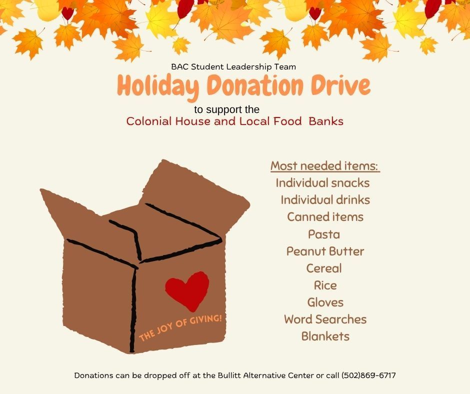 Holliday donation drive, box with a heart that says "the joy of giving"  and fall leaves across the top.