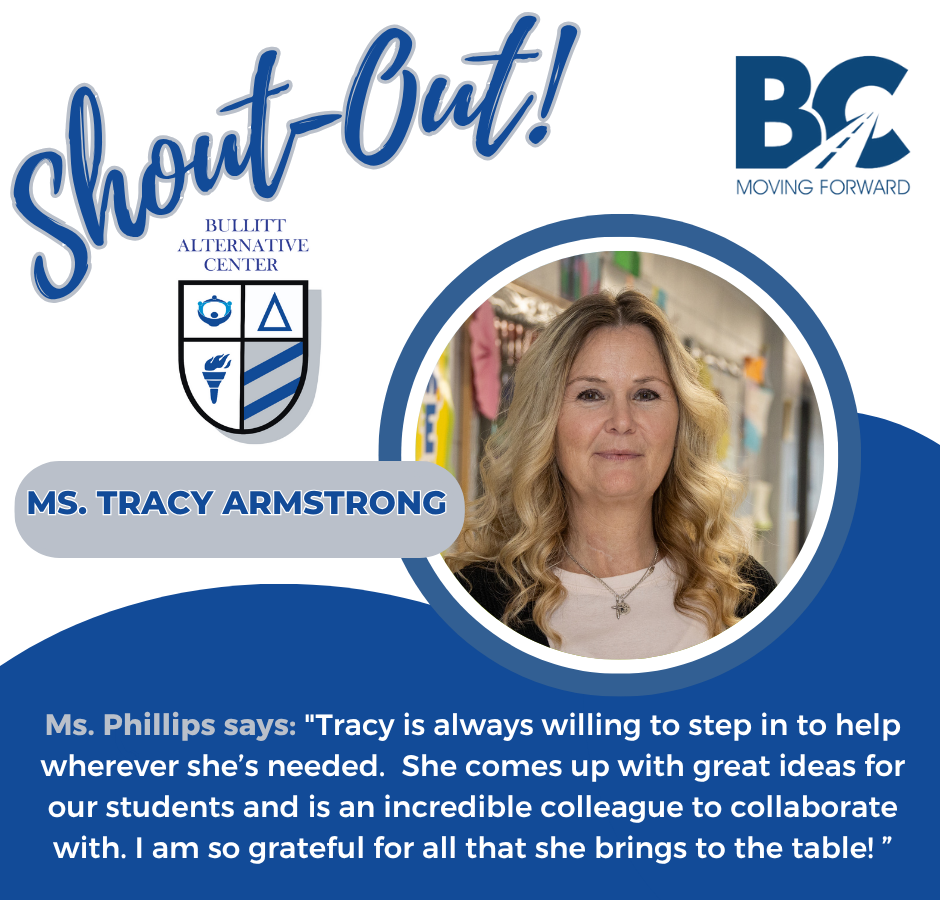 shout out to Tracy Armstrong at BAC; blue and white background with BAC and BCPS logo