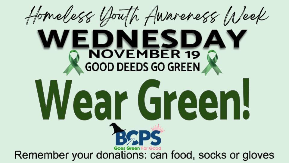 Wednesday 11/19 - Wear GREEN to support Homeless Youth Awareness Week