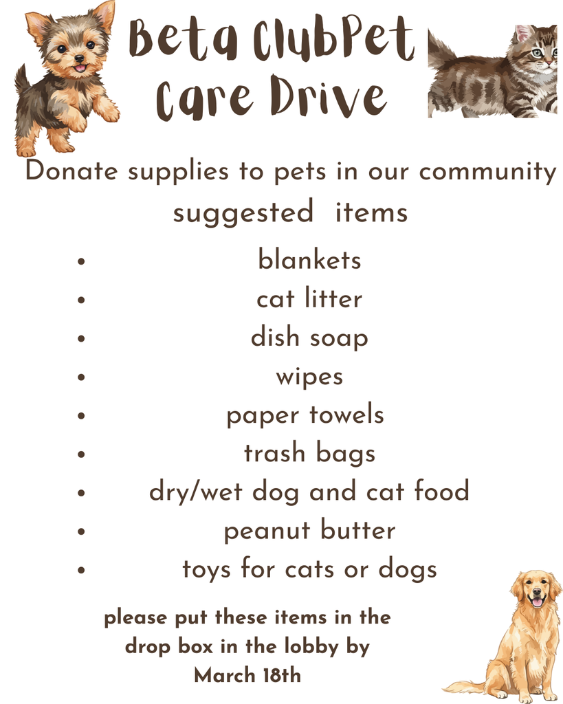 Beta Club Pet Care Drive flyer