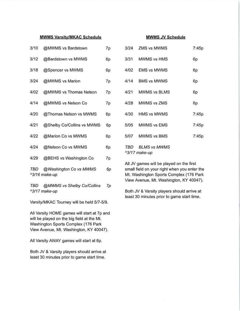 MWMS Baseball Schedule 2025-2026