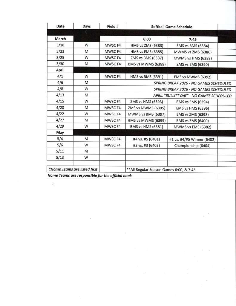 MWMS Softball 2025-2026 Schedule