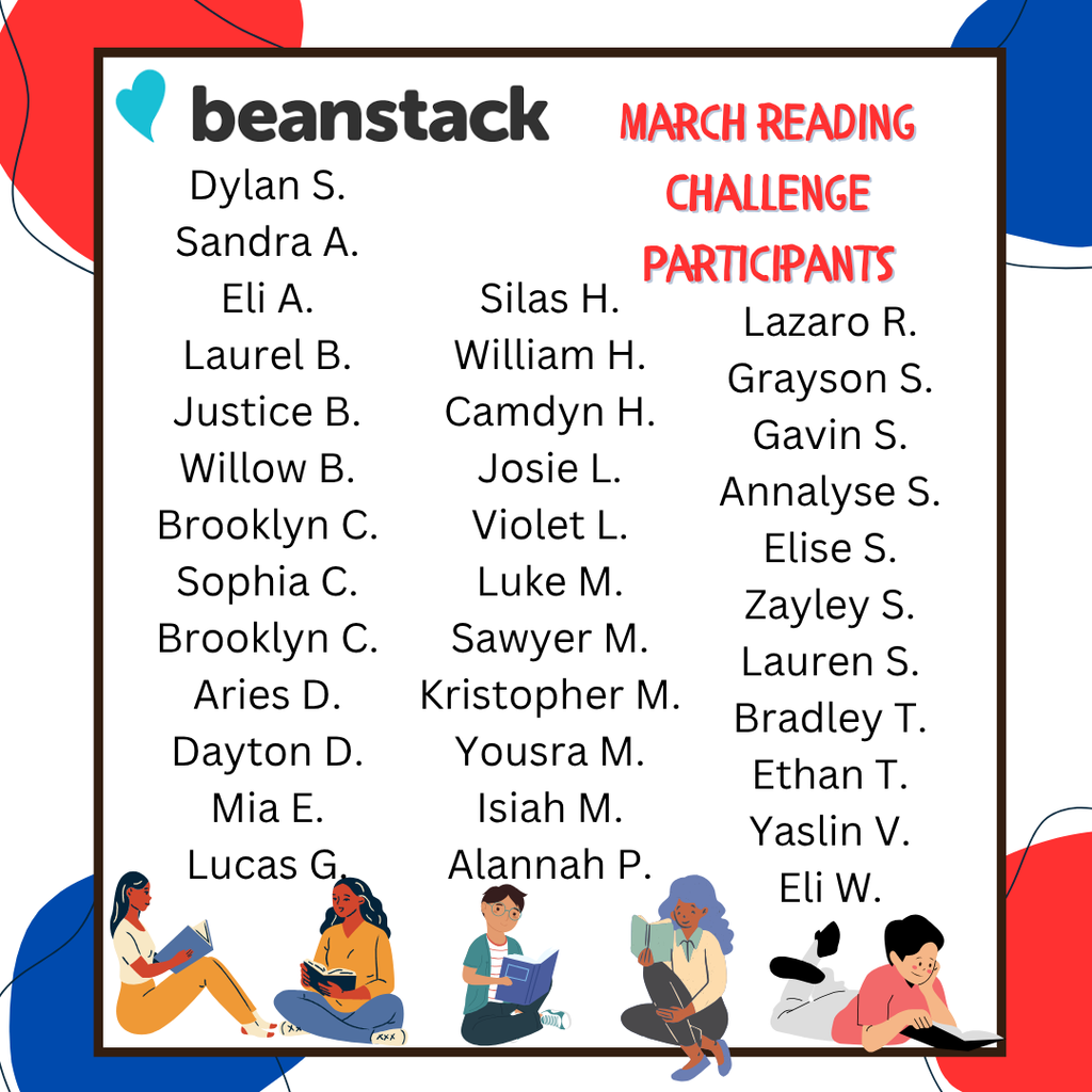 List of students who completed the March Beanstack reading challenge.