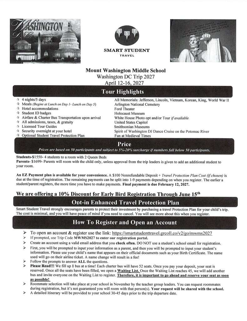 8th Grade Trip Page 1 for 2026-2027