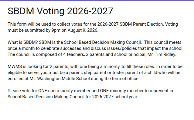 MWMS SBDM Parent Election 2026-2027