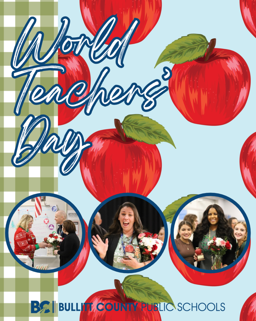 World Teachers' Day with apple background and photos of our Teachers of the Year for BCPS