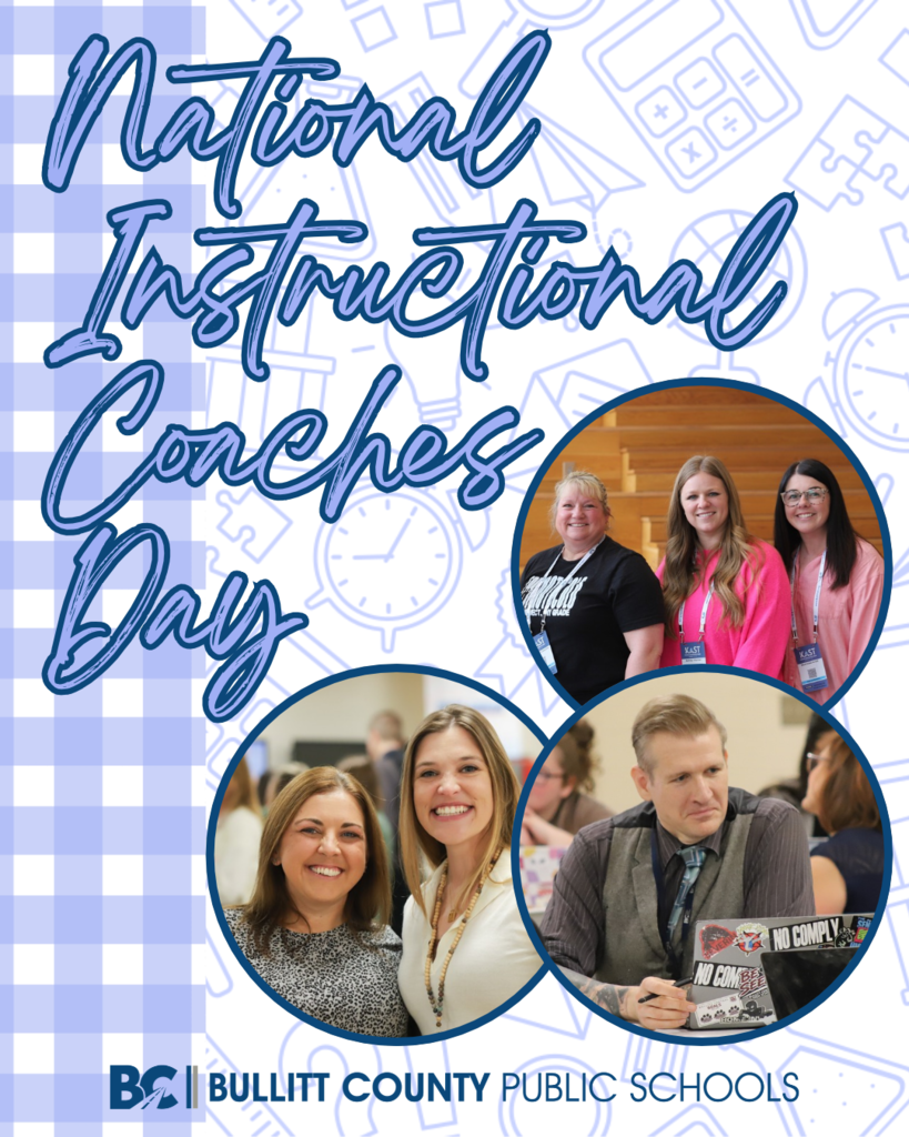National Instructional Coaches Day with a blue background of school supplies with some photos of instructional coaches