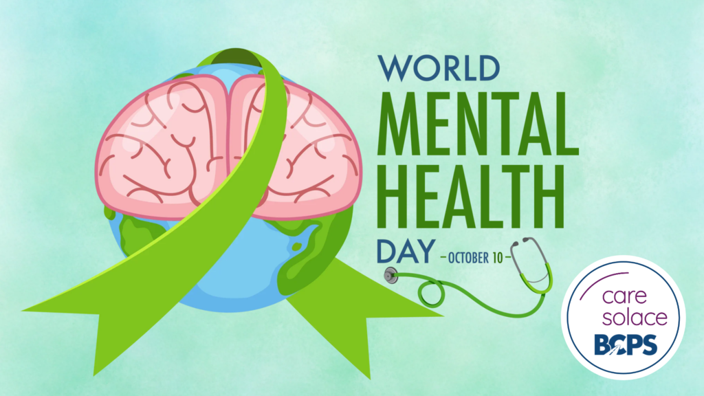 World Mental Health Day: October 10th; brain clip art on top of the globe with a green ribbon around it; Care Solace reminder