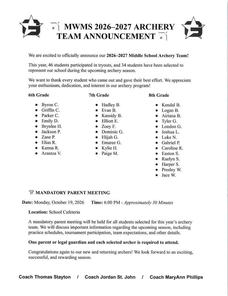 Archery Roster for 2026-2027 for MWMS