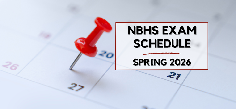 Calendar with a push pin, text reads, "NBHS Exam, Schedule, Spring 2026".