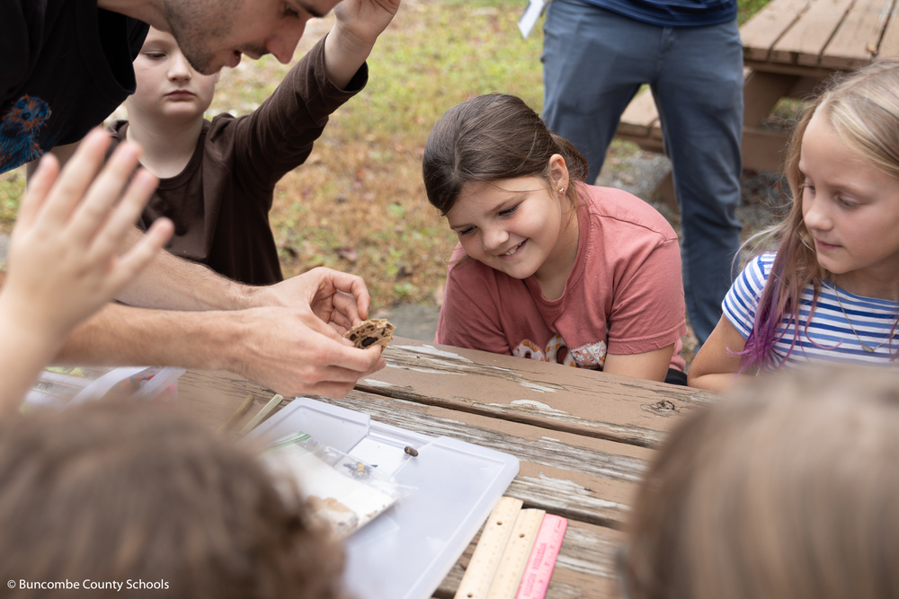 Girl in a light red shirt and ponytail looking at the inside of a beehive.