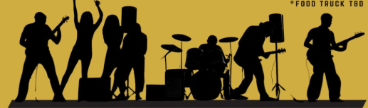 Black outlines of a band made up of drummer, several guitar and bass players, and a singer