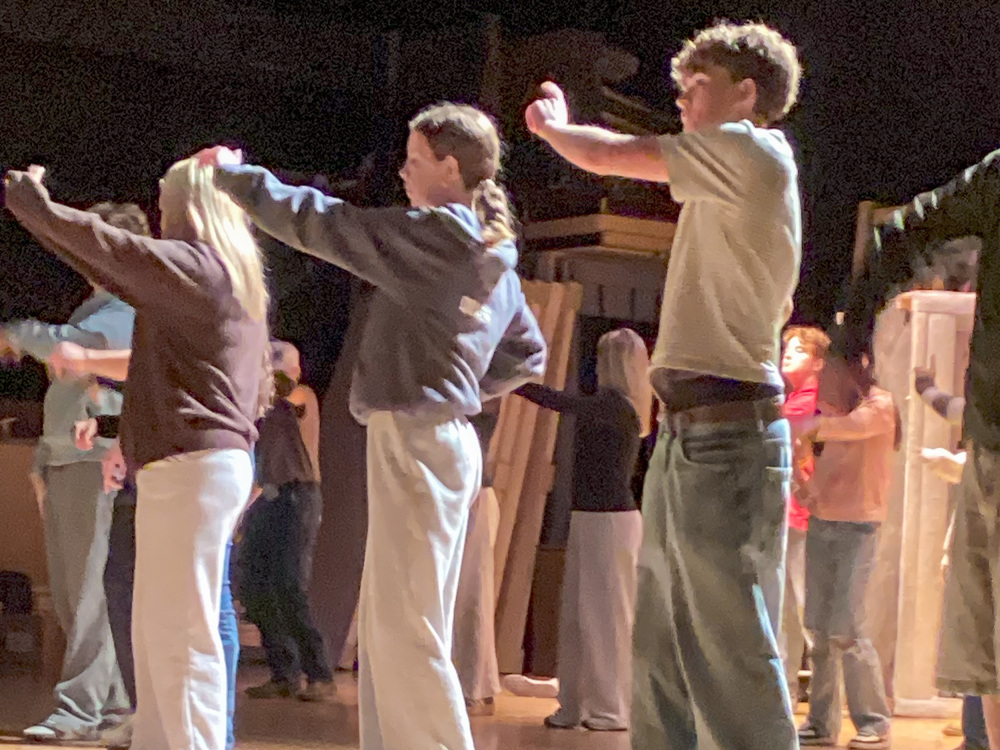 A group of North Buncombe High School students on the stage doing a dance move. They are all pointing with their left hands.
