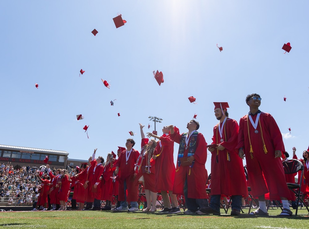 Picture of graduates tossing their graduation caps in the air