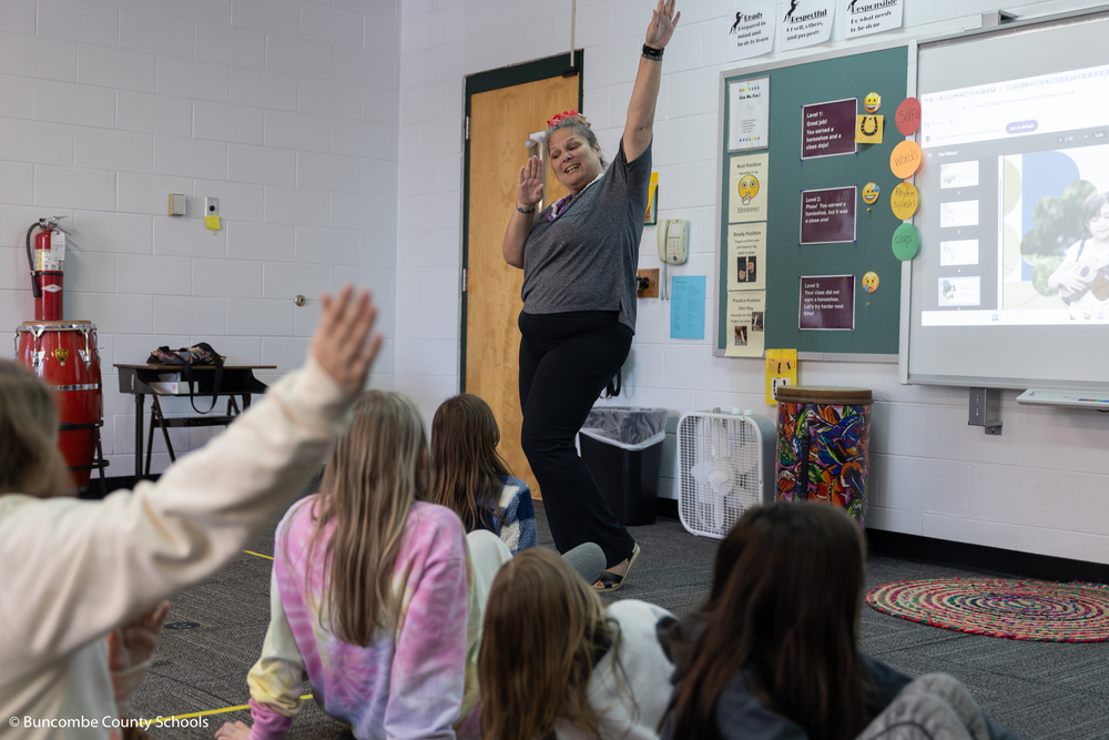 Hawaiian hula dancer Nani showing students a traditional dance.