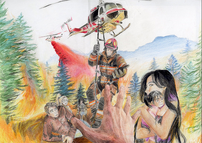 Drawing done by Lexi McGrath depicting a forest fire with a rescue helicopter trying to save people. 