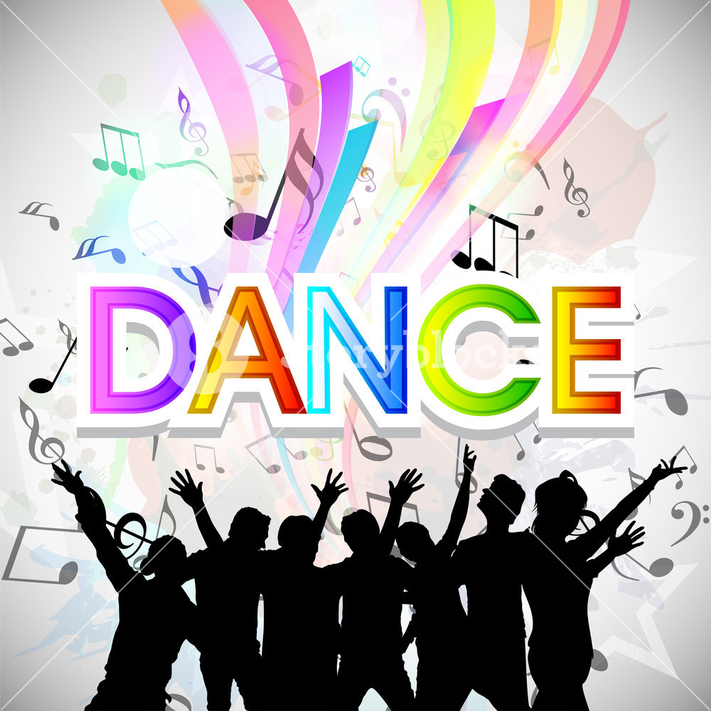 the word DANCE with colorful music notes and sihouttes of dancing people