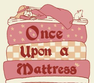 Pink and yellow image of mattresses with a girl asleep on top beside a mouse