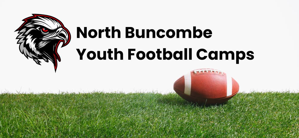 A football sitting on green turf with the NBHS logo, text reads, "North Buncombe, Youth Football Camps".