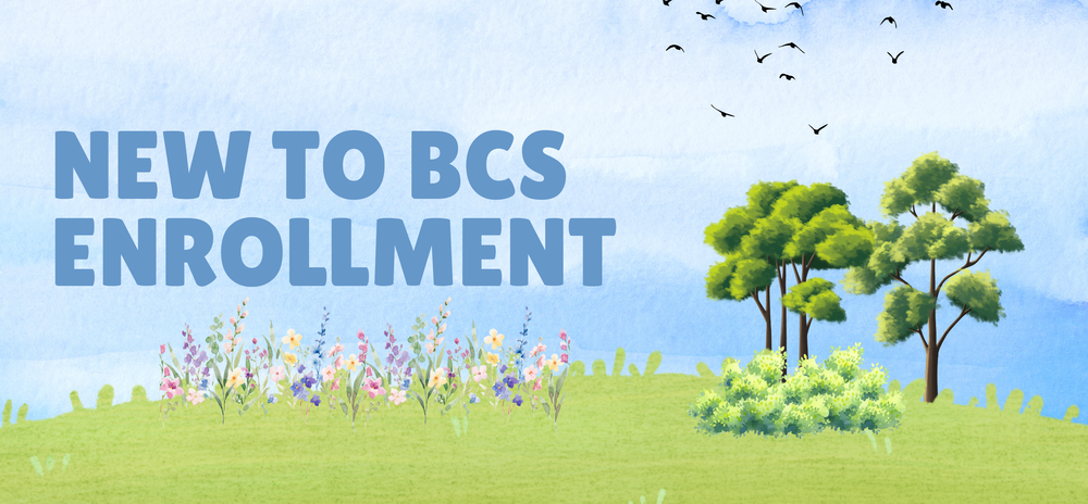 Description: watercolor picture of grass with flowers, trees, and bushes with a flock of birds in the sky. Text states, "New to BCS Enrollment".