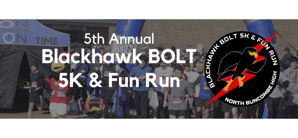 Photo of people running, the Blackhawk Bolt logo, and text reading, "5th annual, Blackhawk BOLT, 5K & Fun Run".