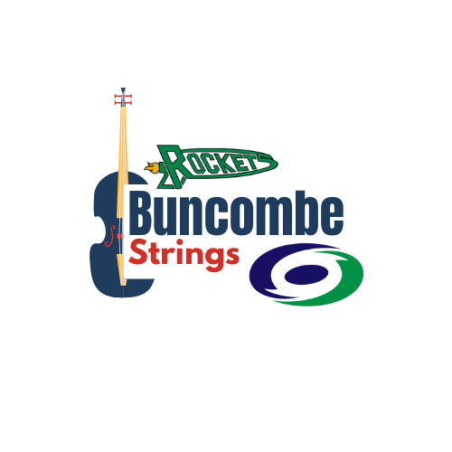 Rocket  logo icon above the words "Buncombe Strings" with a blue violin on the left and the Cane Creek Hurricane icon on the bottom right