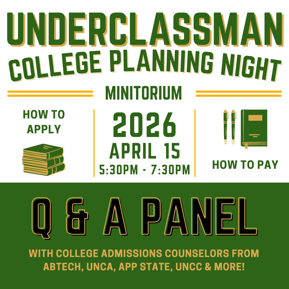 Green, gold and white image with books telling about college planning night