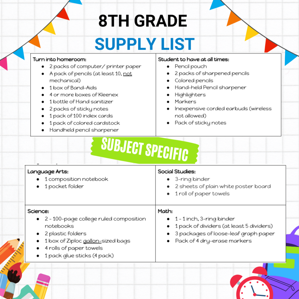 8th Grade Supply List