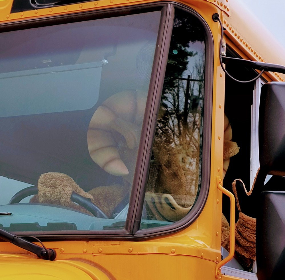 Tommy C. Ram mascot sitting behind the wheel of a yellow school bus.