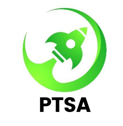 Green circle with a rocket in the middle with the word "PTSA" underneath