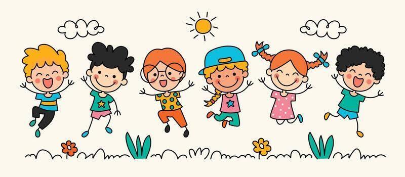 image of six young kids jumping in the air and smiling