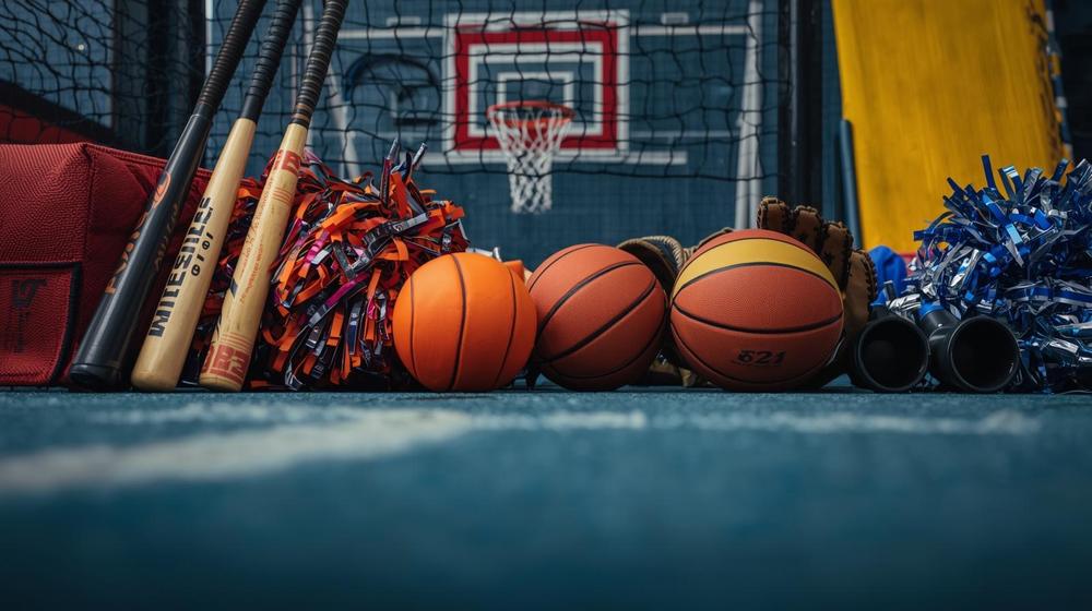 Baseball bats, basketballs, and pom poms in front of a basketball hoop.