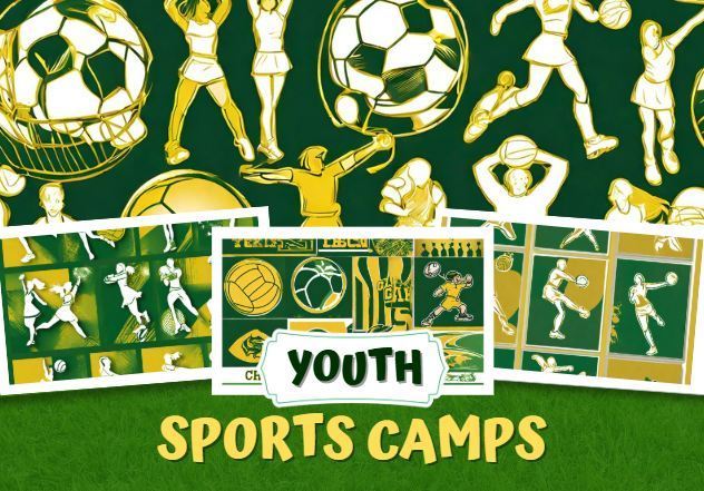 Green and gold image of various sports like soccer, football, cheerleading