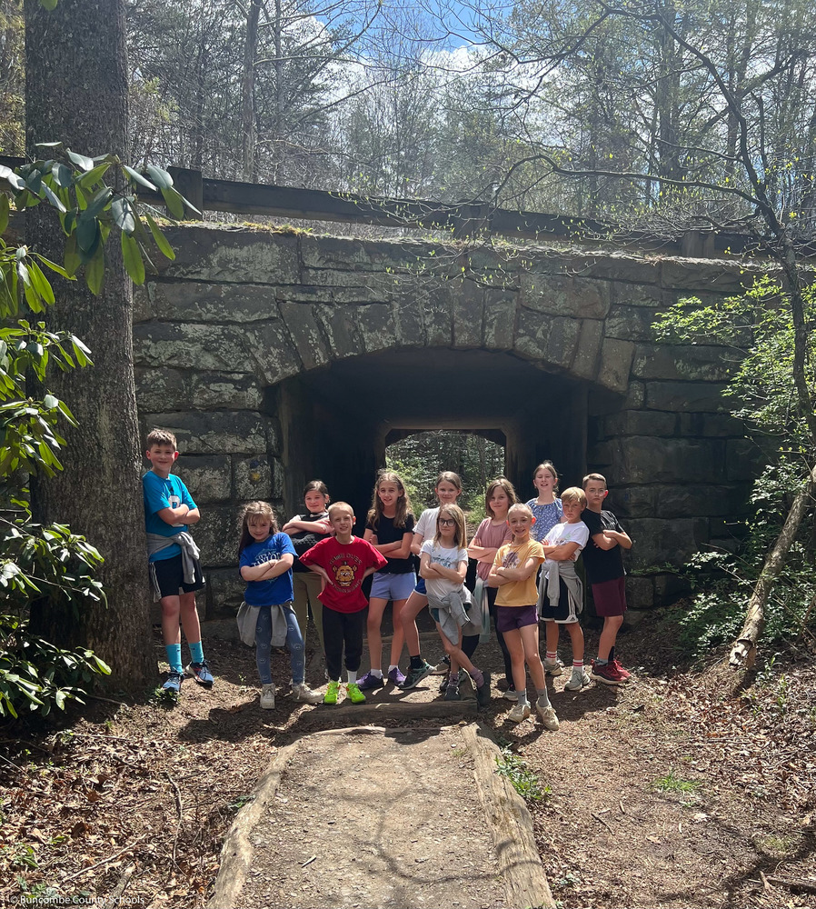 A group of students poses next to a Blue Ridge Parkway arch.