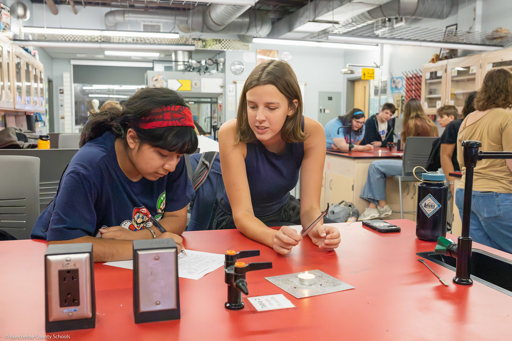 Two students write down the result of a burn test.