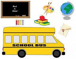 Image is of a school bus, blackboard, globe and school suplies