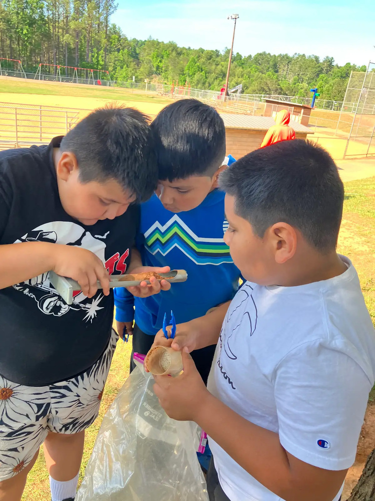 Students looking closely at a sample of dirt they collected. 