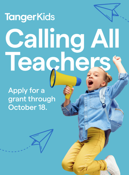 Image of student jumping text reads "calling all teachers, apply for a grant through october 18."