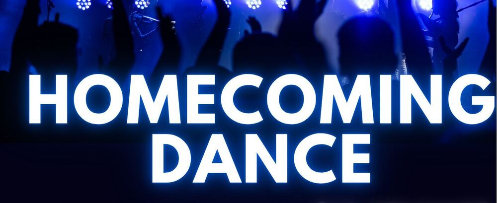 Blue and black images of people's arms up in the air while dancing with white words "Homecoming dance"