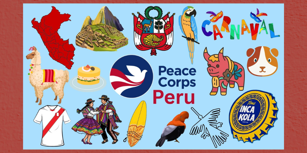 Images of peruvian icons with text that reads "Peace Corps Peru"