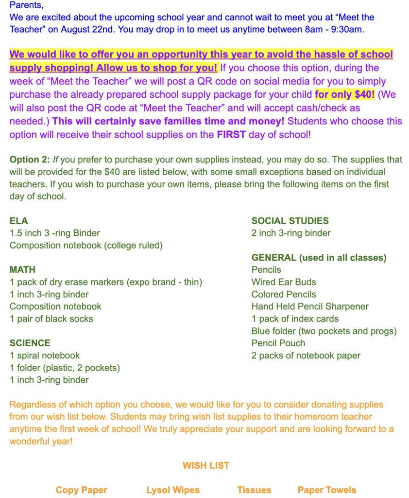 7th Grade Supply List