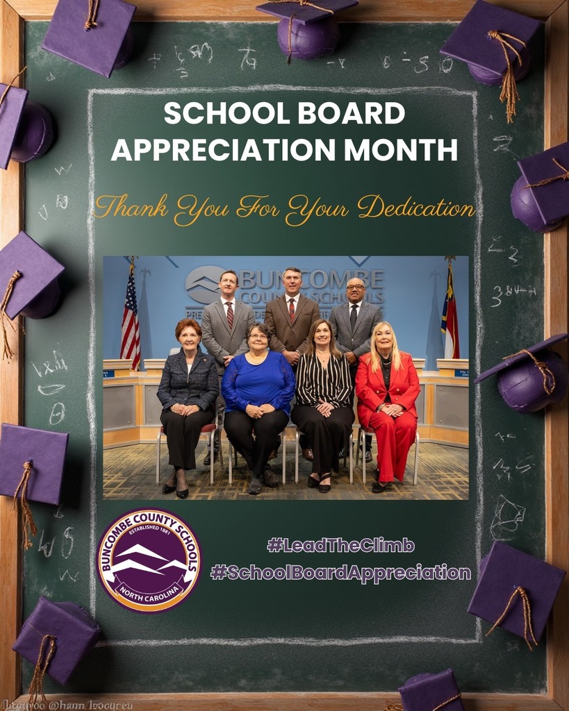 A poster that says "School Board Appreciation Month. Thank you for your dedication." With a photo of the 7 school board members. 